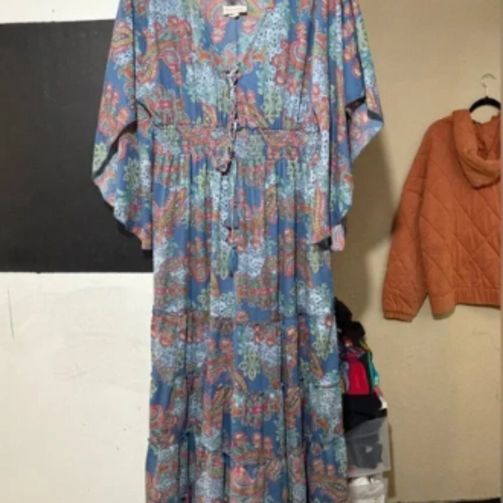 Boemo by Anthropology NWT Women Large Dress Maxi Boho Flutter Sleeve Hip…